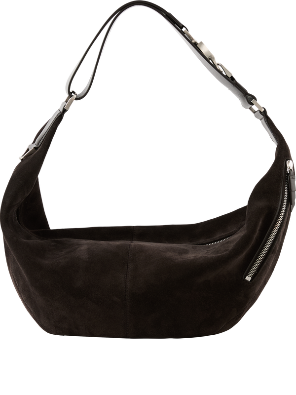 'Quiver Clip' shoulder bag in dark brown cowhide suede