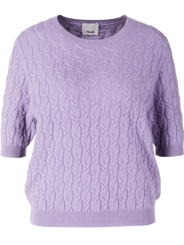Short-sleeved cashmere jumper with cable knit pattern lilac