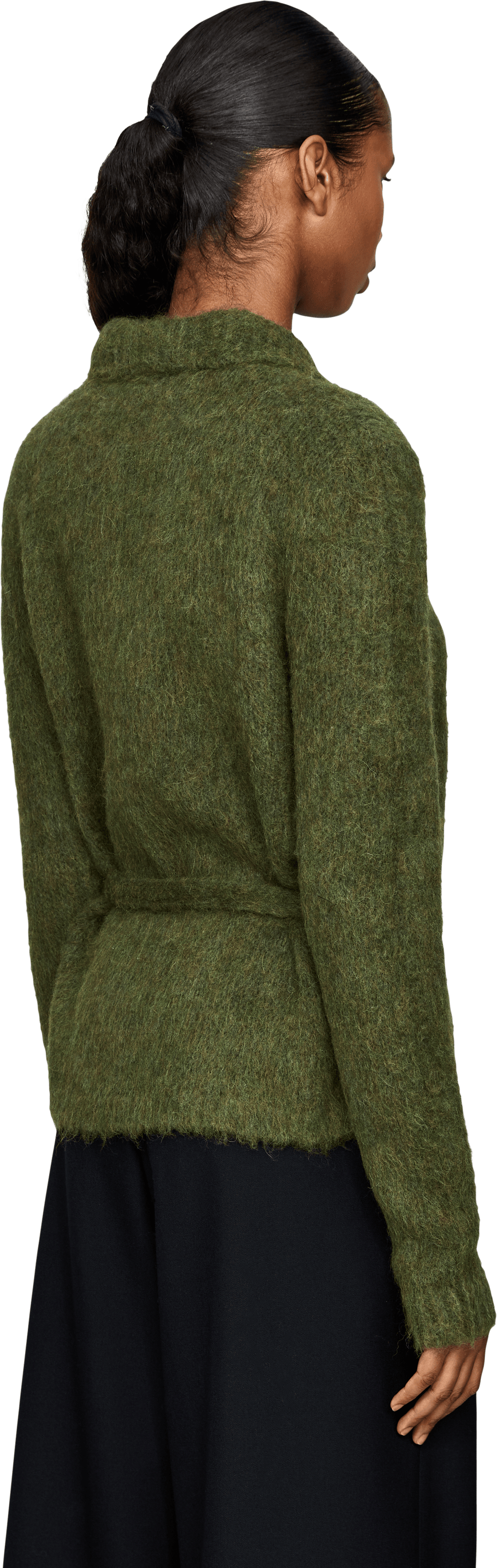 Dries van Noten Alpaka-Merino-Strickjacke 'Toco' mit Bindegürtel Grün, Rückansicht – UNGER.DE