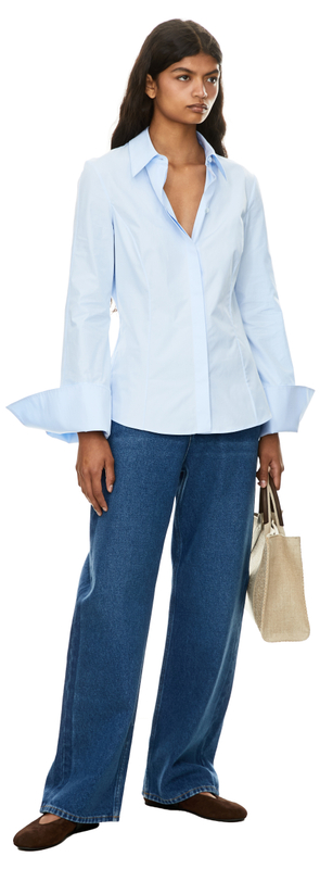 Taillierte Bluse 'Jataya' mit Trompetenärmel Blau