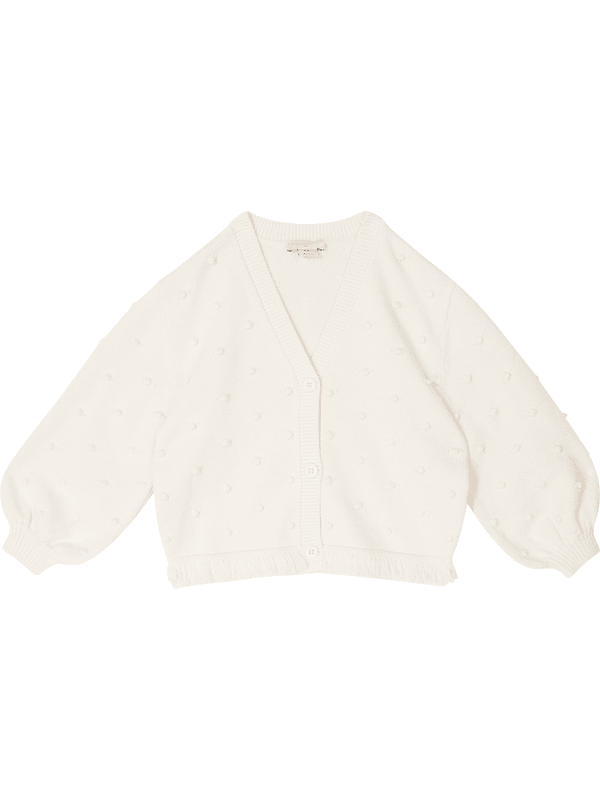 Gefranste Strickjacke in Bommelstrick Crème