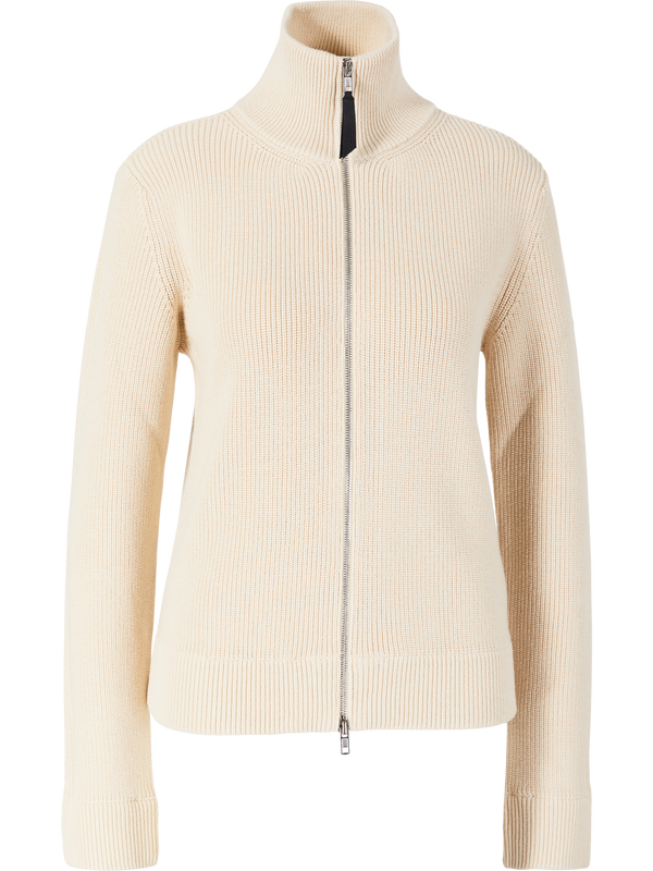 Ribbed woollen cardigan with a stand-up collar ecru