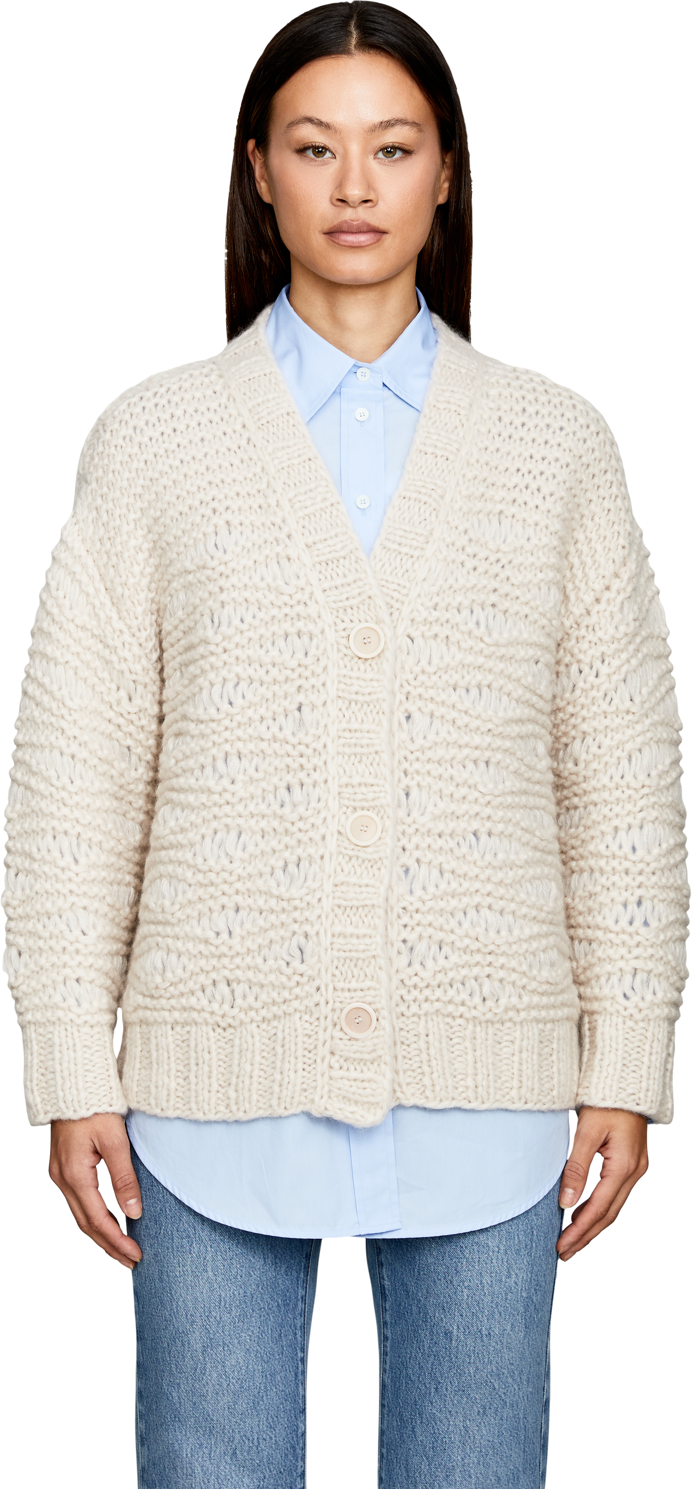 Iris von Arnim Cashmere-Seidenstrickjacke 'IRIS ICONIC 50' Alabaster, Frontansicht – UNGER.DE