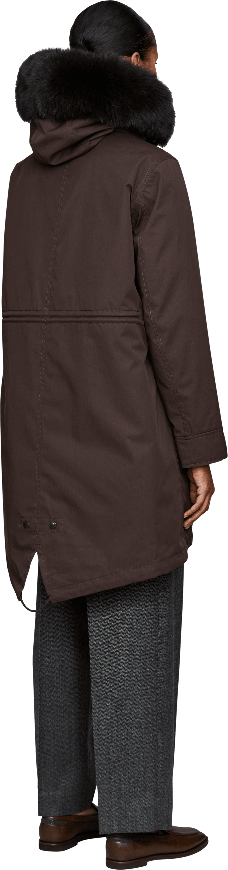 Yves Salomon Down coat with fur-trimmed hood – dark brown, Back view – UNGER.DE