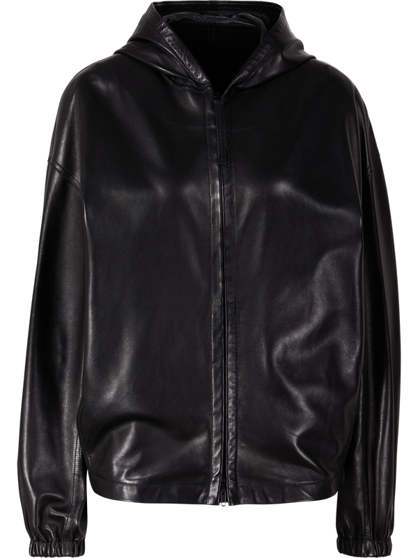 Lambskin bomber jacket with hood black