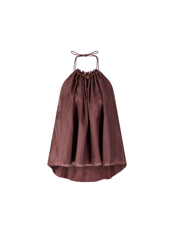 Neckholder-Top 'Aster' aus Seide mit Perlen Braun