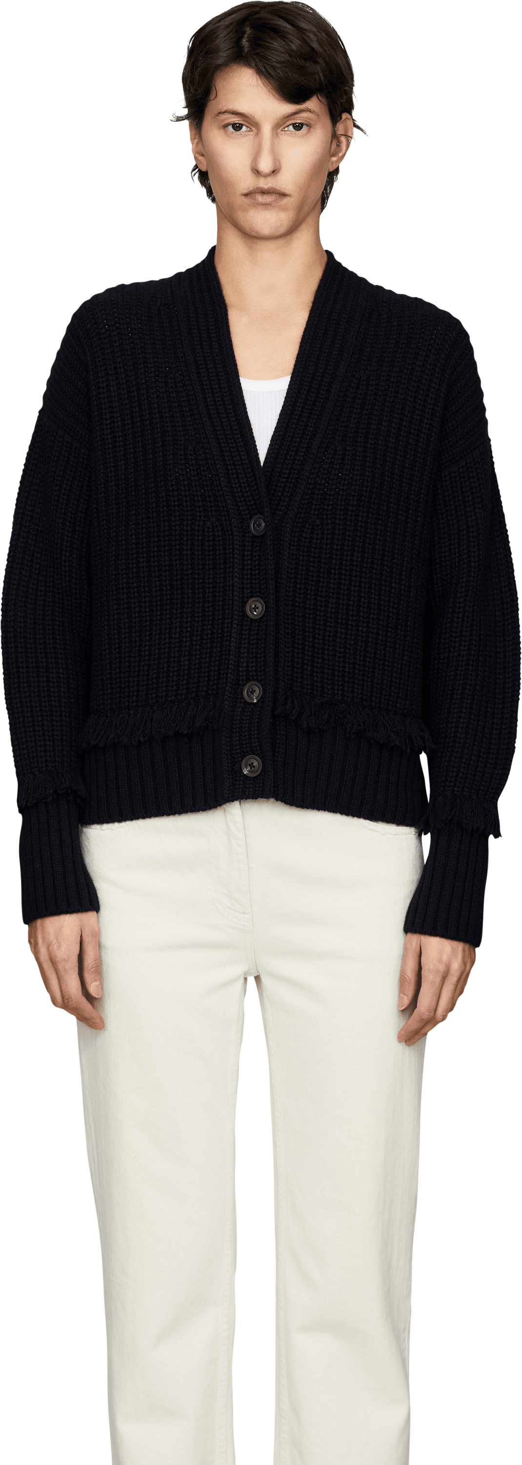 Iris von Arnim Philipa Fringes’ Navy Cashmere Cardigan, Front view – UNGER.DE