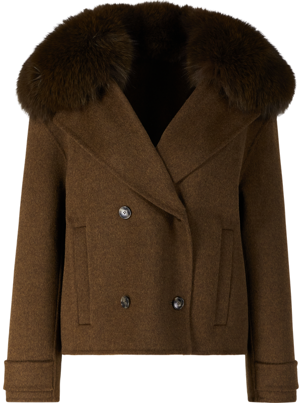 Wool and cashmere pea coat with fur trim – brown