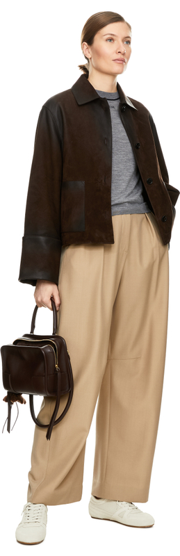 Gekrempelte Lederjacke aus Lammleder Dunkelbraun