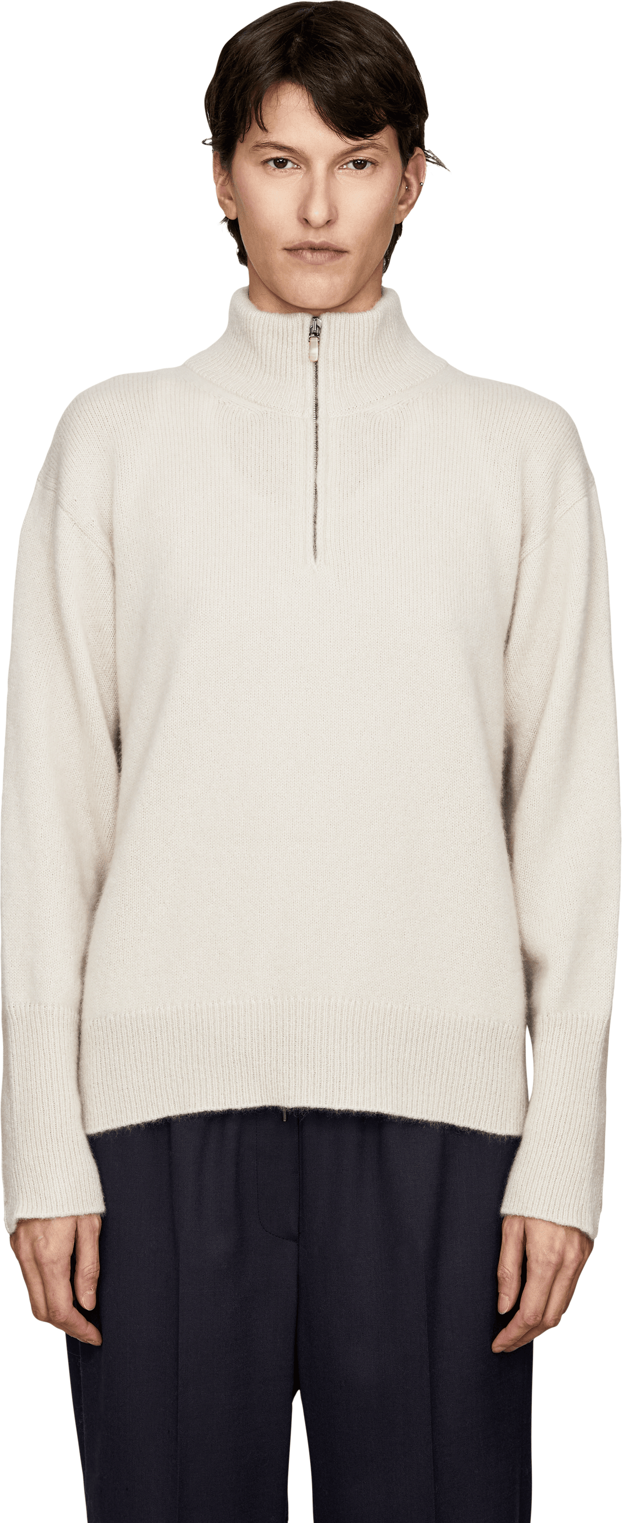 Iris von Arnim 'Kalina' cashmere and silk jumper with a Troyer collar in Alabaster, Front view – UNGER.DE
