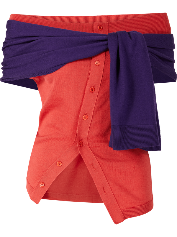 Off-the-shoulder woollen top with tied sleeves red