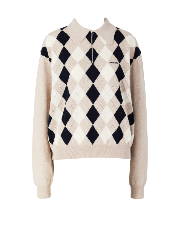 Oversized Cashmere-Polopullover mit Argyle-Muster Beige