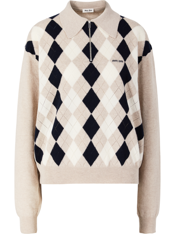 Oversized Cashmere-Polopullover mit Argyle-Muster Beige