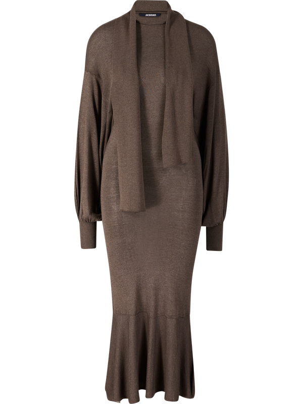 'Maille Losange' silk dress with shawl collar brown