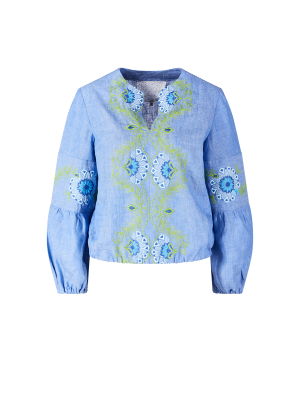 Florale Bluse 'Pepe' mit Stickerei aus Leinen Blau