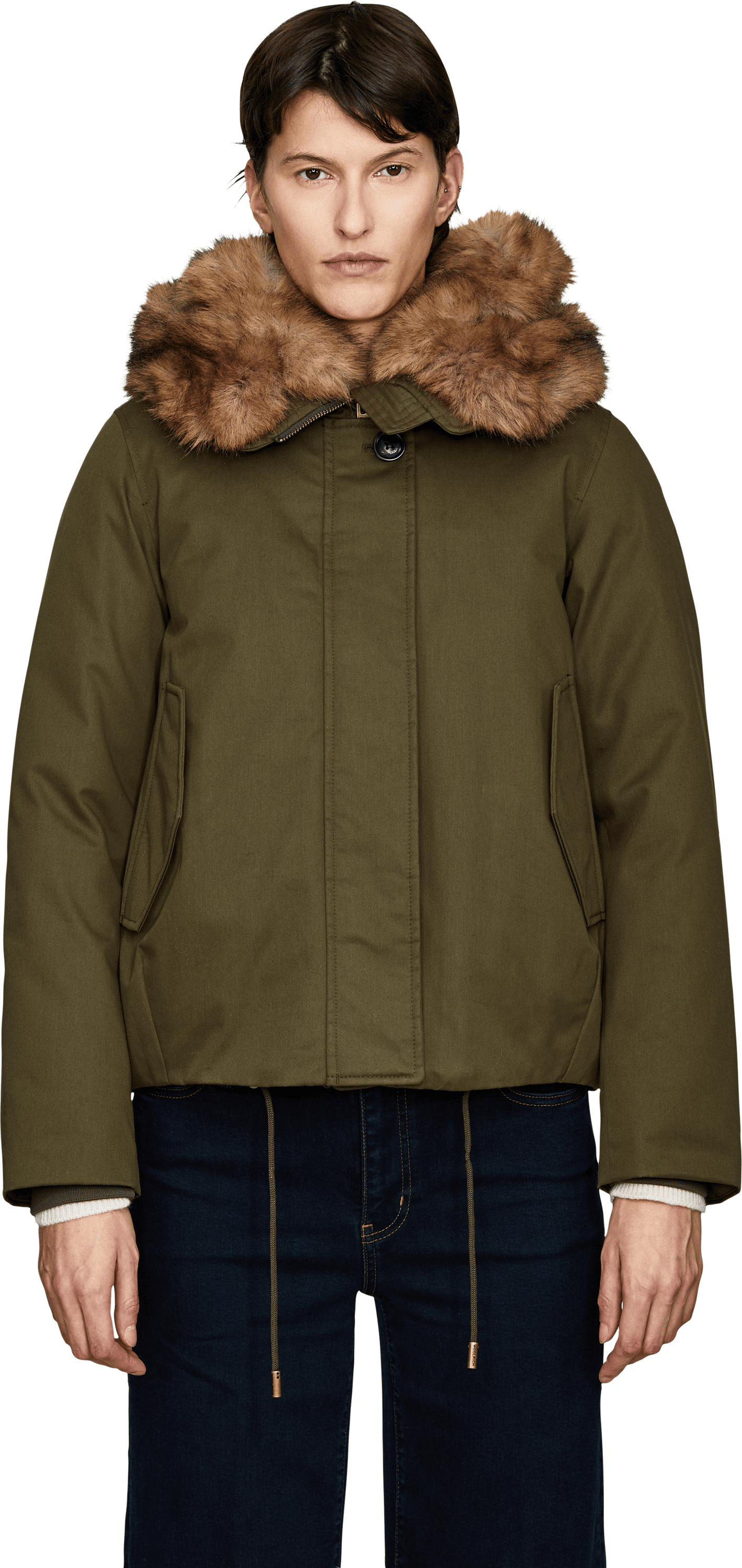 Woolrich Kurze Daunenjacke mit Kapuze Olivgrün, Frontansicht – UNGER.DE