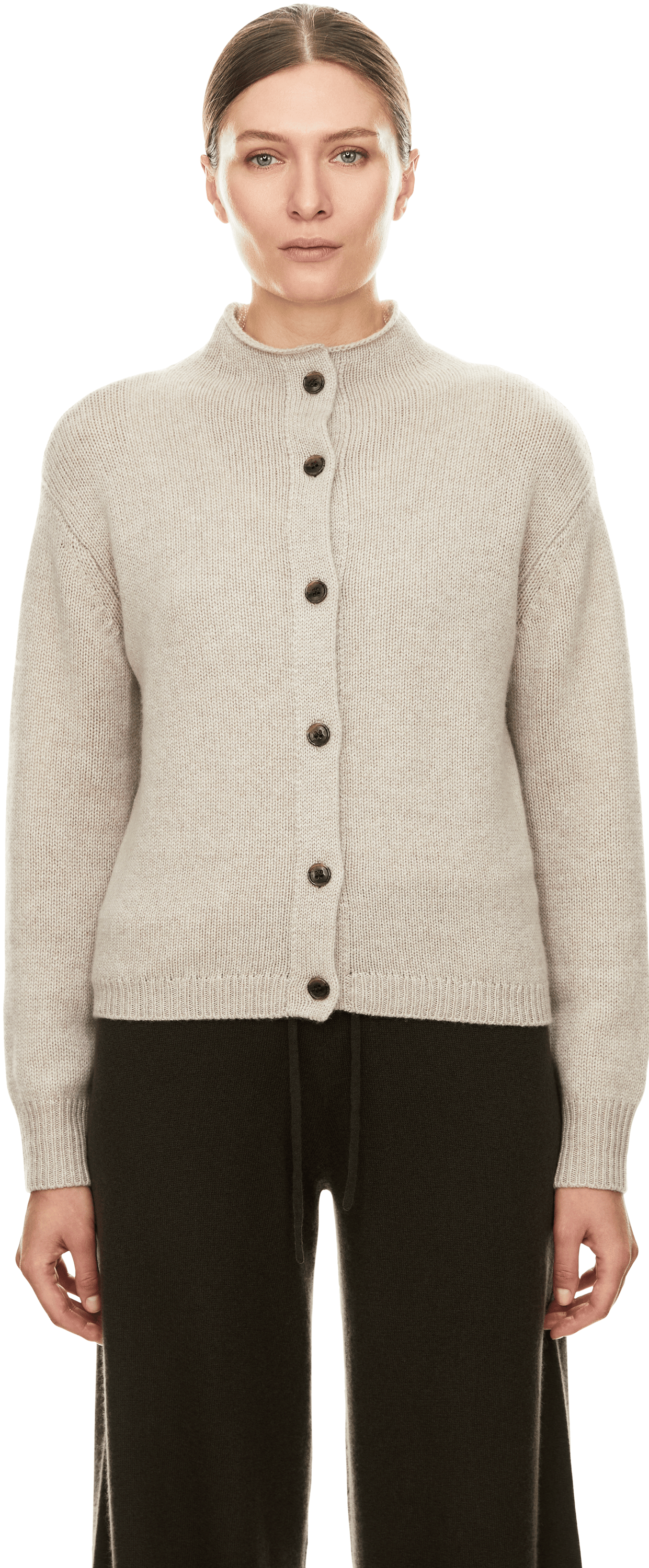 LISA YANG Cashmere-Strickjacke 'Zirelle' Sand, Frontansicht – UNGER.DE