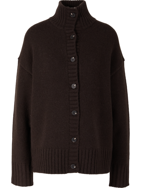 Lange Cashmere-Strickjacke mit Stehkragen Espresso