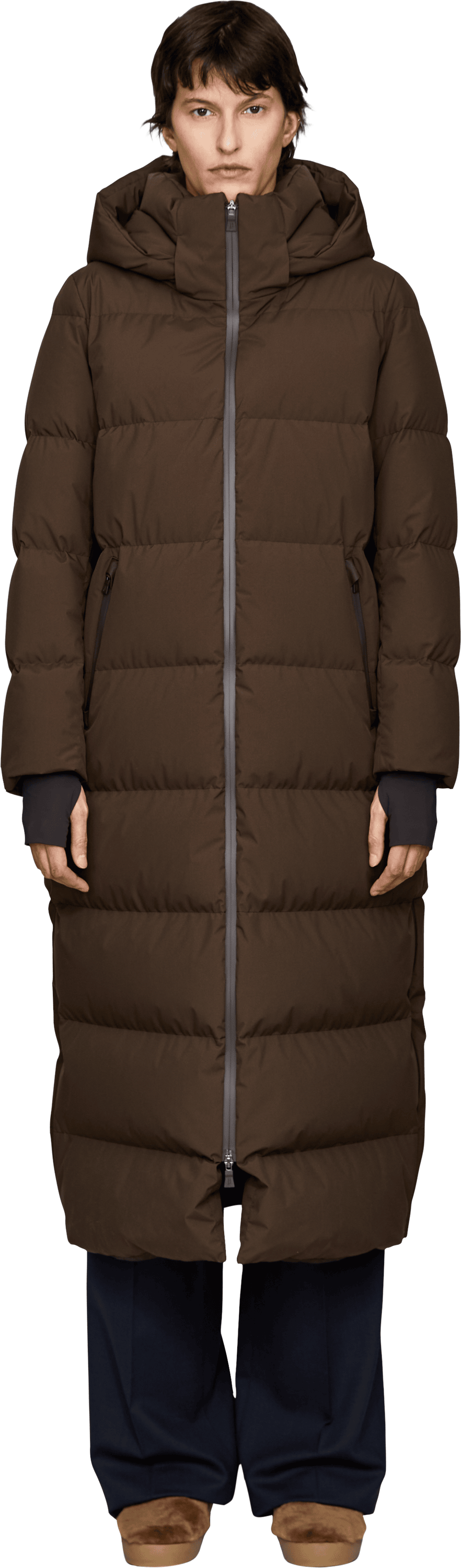 Herno 'Laminar Long' Down Coat – Dark Brown, Front view – UNGER.DE